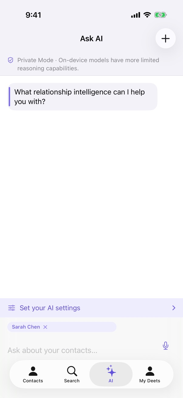 The Ask AI screen with a contact chip above the input