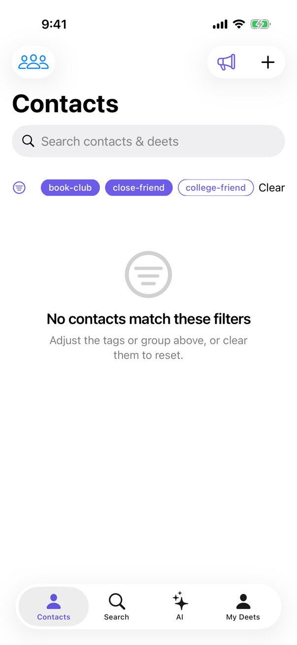The contacts list with two tag filters active