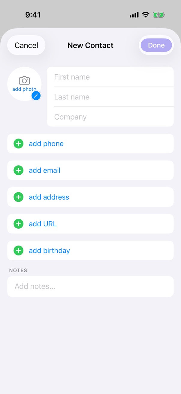 The new contact screen