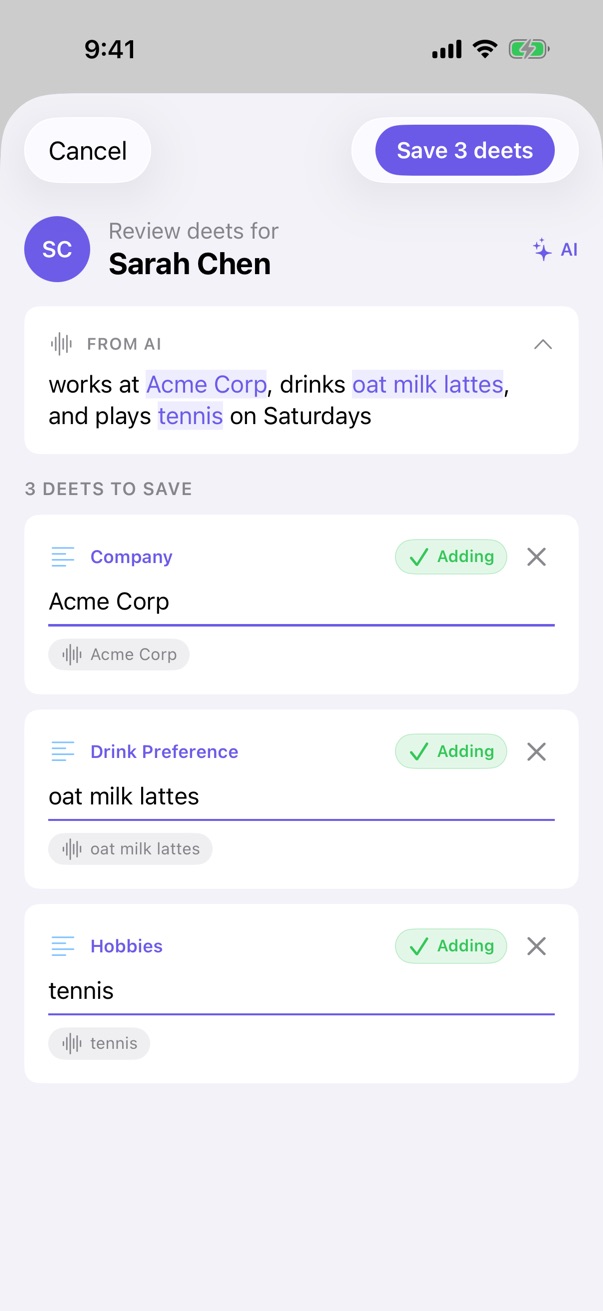 The Review deets screen with rows marked "Adding"