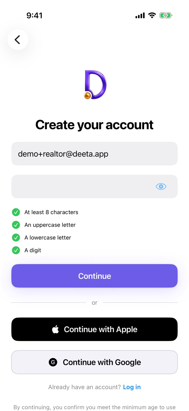The sign-up screen showing Continue with Google