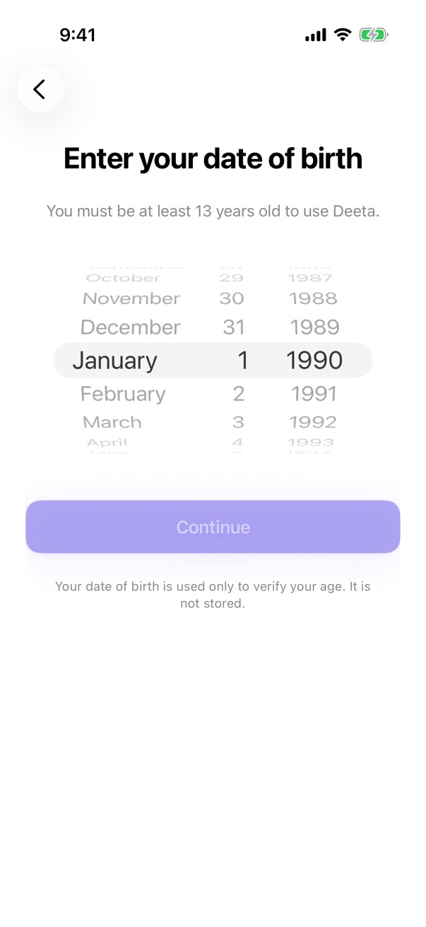 The age confirmation screen