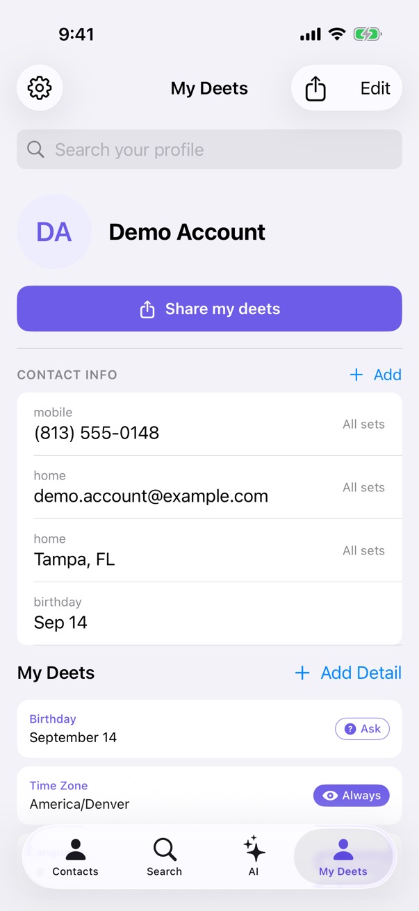 The CONTACT INFO section on My Deets