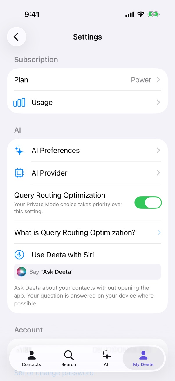 The "Use Deeta with Siri" row in Settings