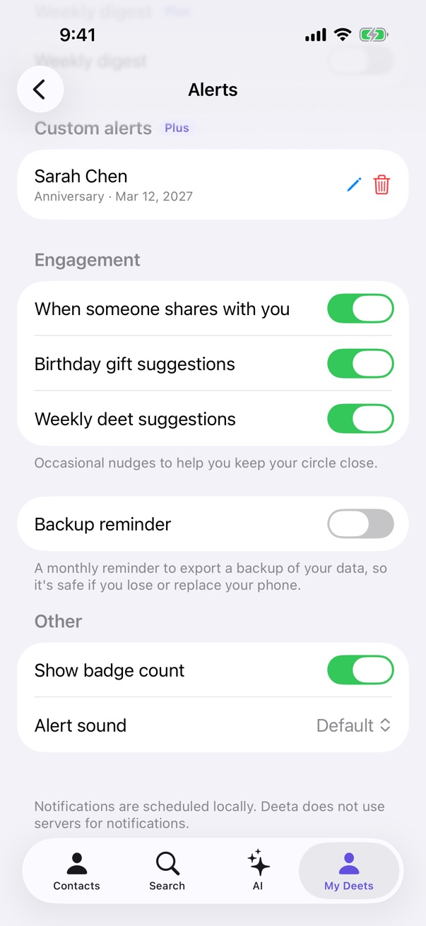 The Custom alerts list in Settings → Alerts