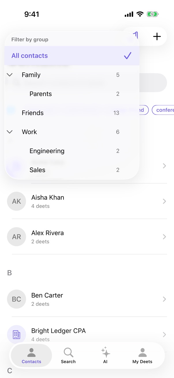 The group filter picker showing counts