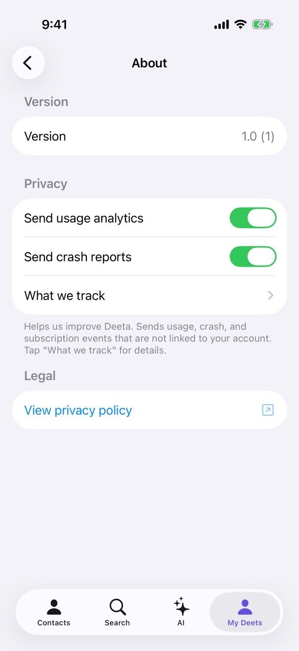 Settings → About showing both toggles