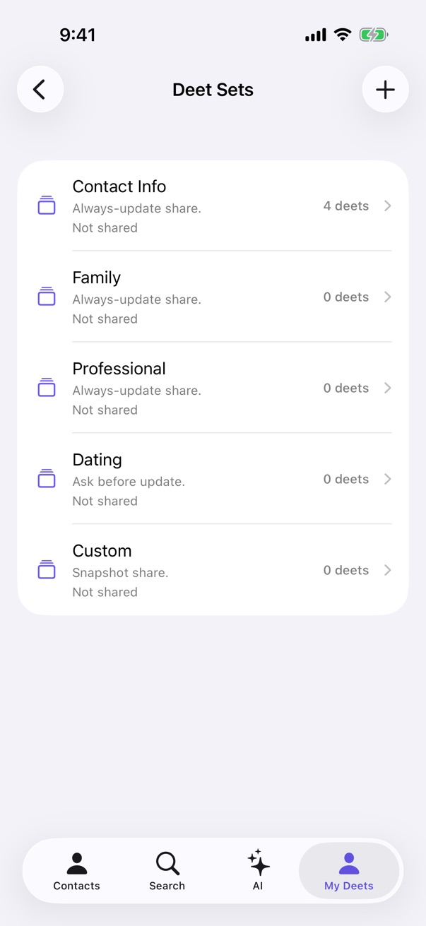 Settings → Deet Sets showing the three live-sync labels