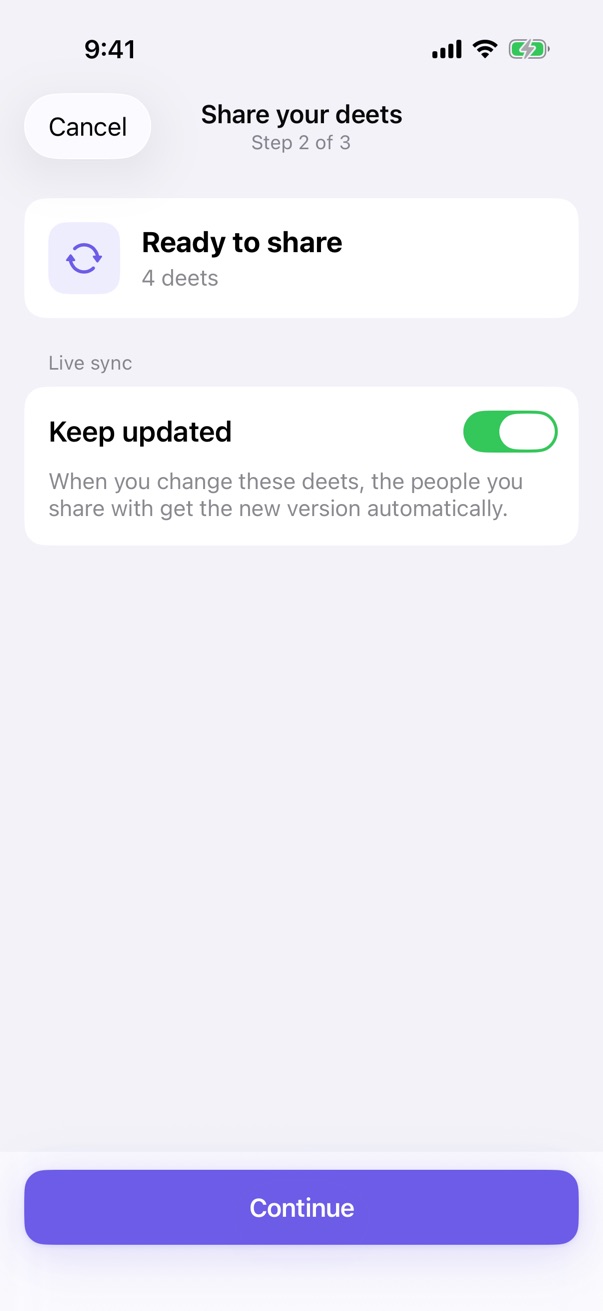 The "Ready to share" step with Keep updated switched on