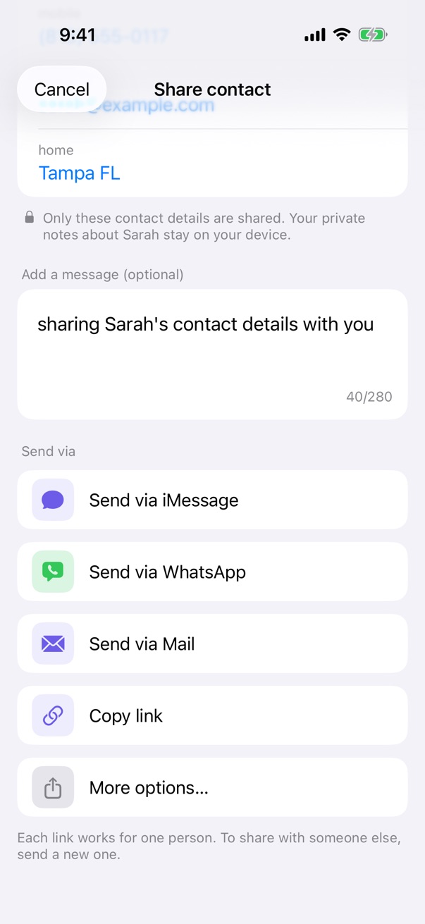 The send options for a contact share