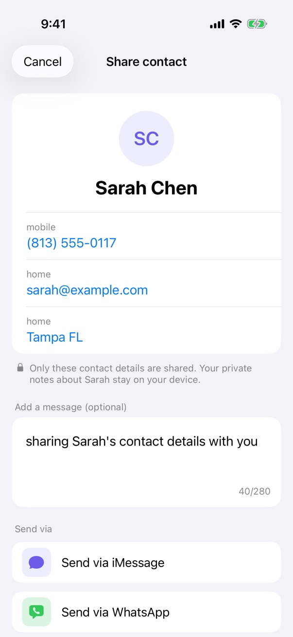 What's included when sharing a contact