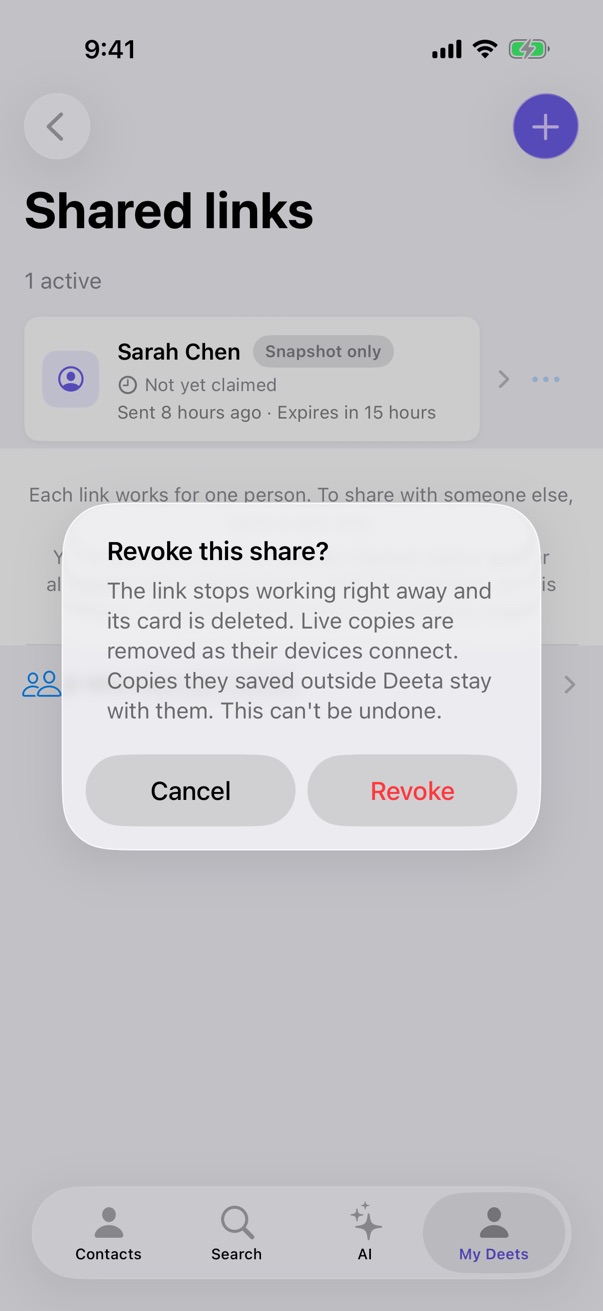 Revoking a share from the Shared links list