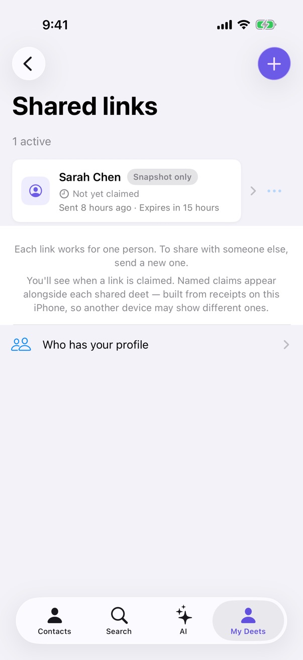 The "Who has your profile" row on the Shared links screen